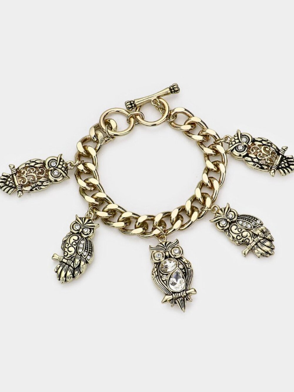 Burnished Antique Gold Clear Crystal Owl Charm Bracelet NEW